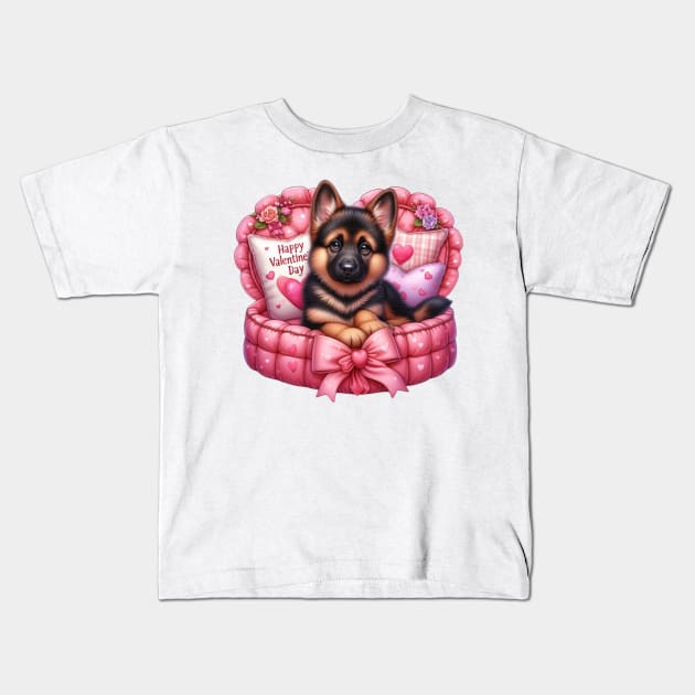 Valentine German Shepherd Dog in Bed Kids T-Shirt by Chromatic Fusion Studio